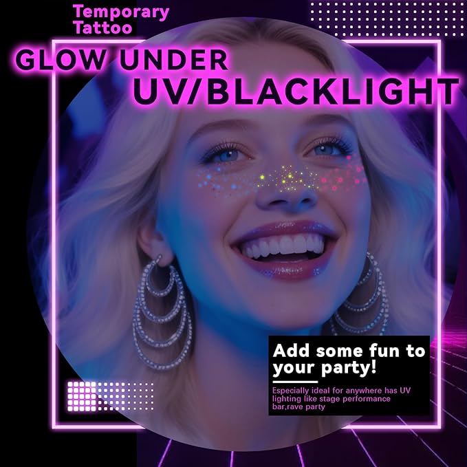 6pcs Rainbow Freckles Face Tattoo Sticker Glow under UV Light Blacklight in the Dark, Neon Fluorescent Glitter Colorful Star Fake Faux Freckle Temporary Patches Makeup for Party Supplies #02