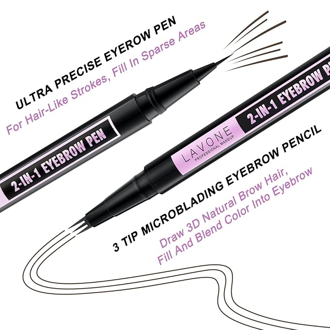 LAVONE Eyebrow Pencil, 2-In-1 Waterproof Eyebrow Pen, with 3 Tip Microblading Eyebrow Pen and Ultra-Precise Brow Pencil, Dual-ended Eyebrow Brush, for Eyebrow Makeup - Ebony