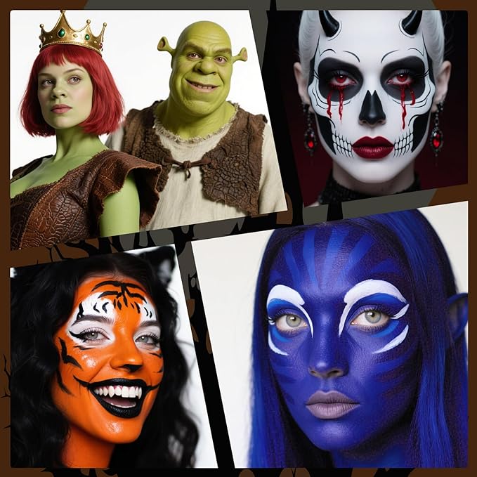 White Blue Face Body Paint Stick Set with Translucent Setting Powder and Sponges, Professional Full Coverage Face Painting for Adults Halloween Cosplay SFX Avatar Corpse Bride Skull Makeup