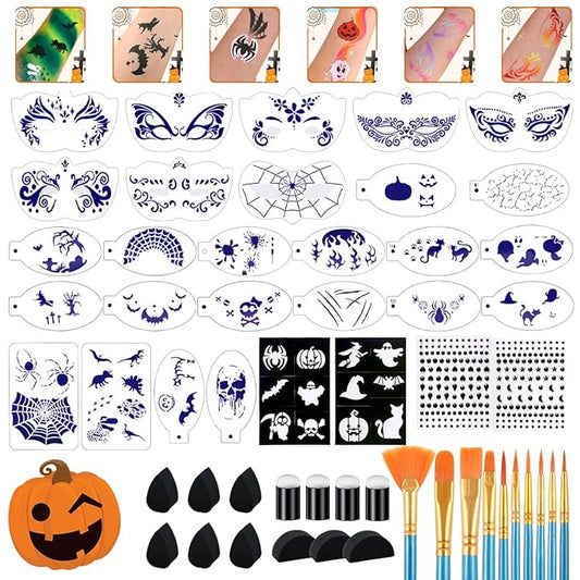 63 pcs Halloween Face Painting Stencils Kit, 38 pcs Reusable Face Body Paint Stencils Templates, 10 Brushes, 13 pcs Sponges, 2 Black Gems for Halloween Makeup Depvision Face Paint Accessory Kit