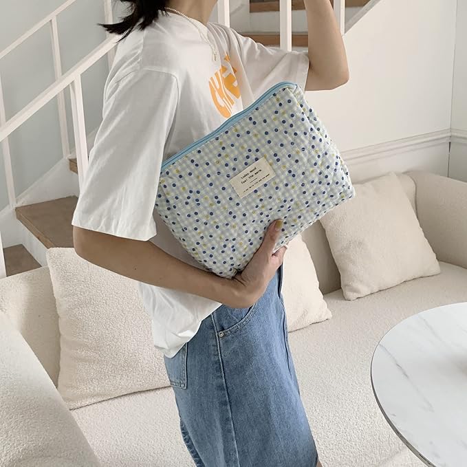 VIWIME Makeup Cosmetic Bag, Large Cotton Quilted Travel Coquette Aesthetic Cute Floral Make up Bag for Women Toiletry Bag Organizer(Blue Point/2Pcs)