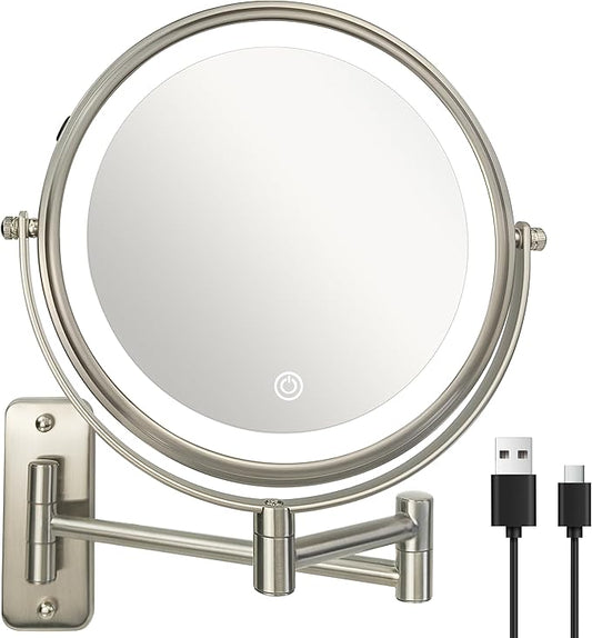 JANEEVA 8" Wall Mounted Lighted Makeup Mirror,Rechargeable Double Sided 1X/10X Magnifying Mirror with 3 Color Lights,Touch Dimmable Bathroom Vanity Mirror with 360°Swivel Extendable Arm Brushed Nickel