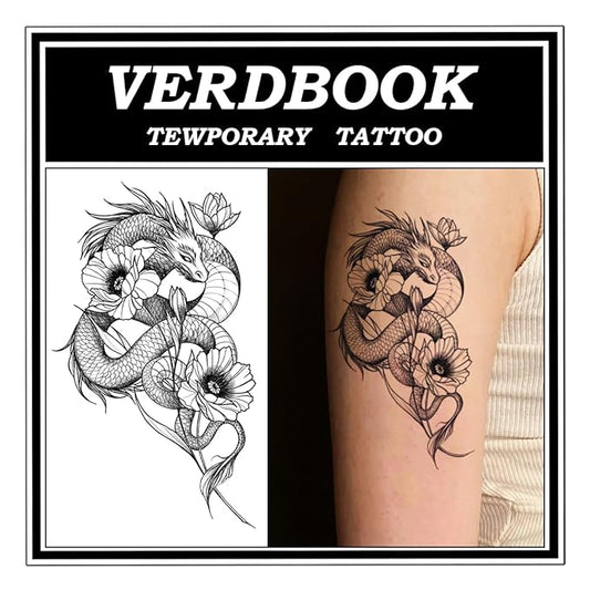 Waterproof Temporary Tattoos: 2-Sheet Tattoo Kit with Realistic Body Stickers, Semi-Permanent Tattoos for Adults Lasting 7-15 Days – Safe for Men & Women, Dragon & Flowers Pattern