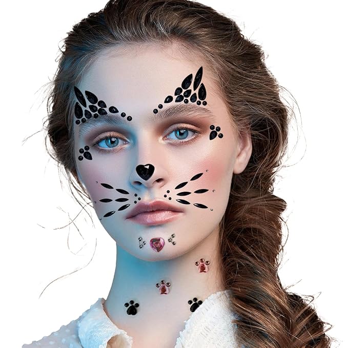 Crystal Cat Face Gems, Pink Cat Print Jewels, Black Face Jewels, Fake Cat Lash Gems Tattoo Stick on Eye for Men Women Kids Halloween Prank Makeup Costume