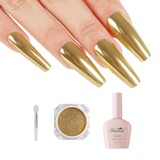 Imtiti Gold Chrome Nail Powder Kit,1g Gold Meatllic Mirror Effect Powder with 10ml White Color Gel Polish Metal Nail UV DIY Kit
