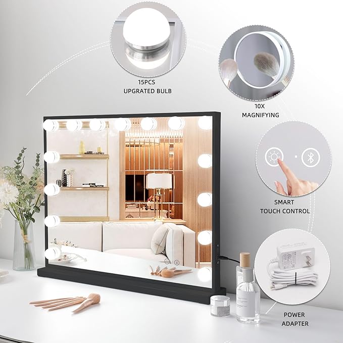 Fenair Vanity Mirror with Lights 22.8"x 18.1" Makeup Mirror with Lights and Speaker 15 Dimmable Bulbs,3 Colors Modes,Hollywood Mirror with USB Charging and 10X Detachable Magnification Mirror（Black）