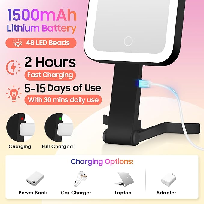 Magnifying Travel Mirror with Light, 30X/1X Double-Sided Magnifying Mirror with 3 Color Lights, Brightness Adjustable, Foldable Handheld Makeup Mirrors Portable for Travel and Desktop Use