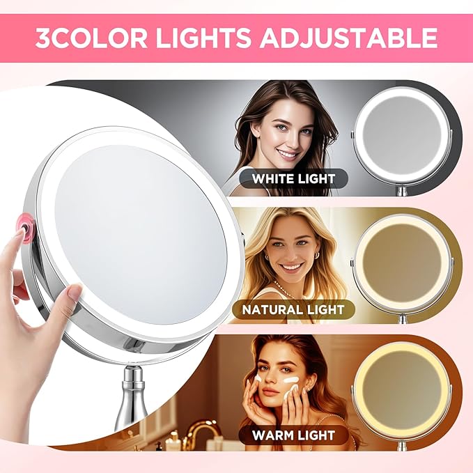 Lighted Makeup Mirror, Rechargeable 8" 3 Color Vanity Mirror, 15x Magnifying Mirror with Brightness Adjustable, 360° Rotation Double Sided Desk Mirror, STC- Side Charging & Side Touch Switch