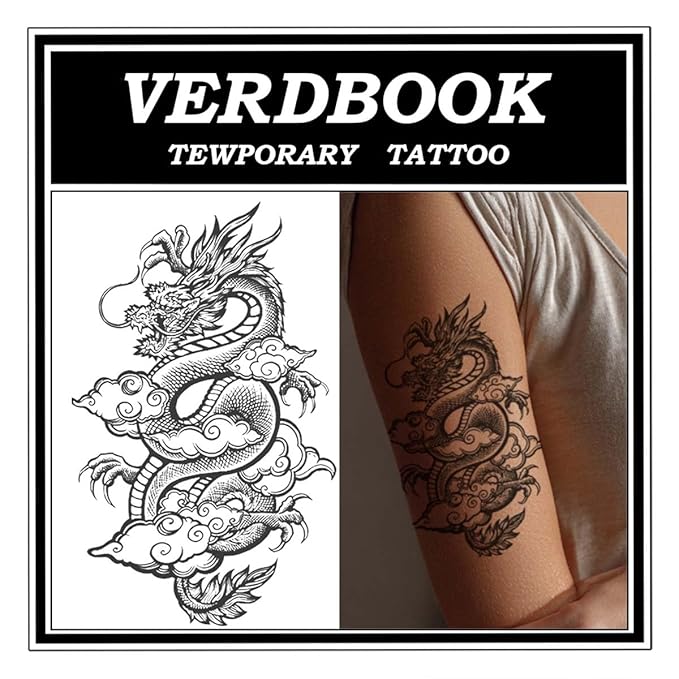 Waterproof Temporary Tattoos: 2-Sheet Tattoo Kit with Realistic Body Stickers, Semi-Permanent Tattoos for Adults Lasting 7-15 Days – Safe for Men & Women, Cloud Serpent Scroll