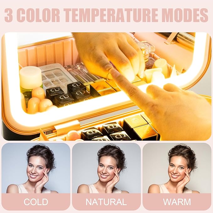 Travel Makeup Train Case With LED Lights, 3 Brightness Adjustable Portable Makeup Organizer, Professional Adjustable Divider Storage Waterproof Makeup Train Case Accessories and Toolboxes