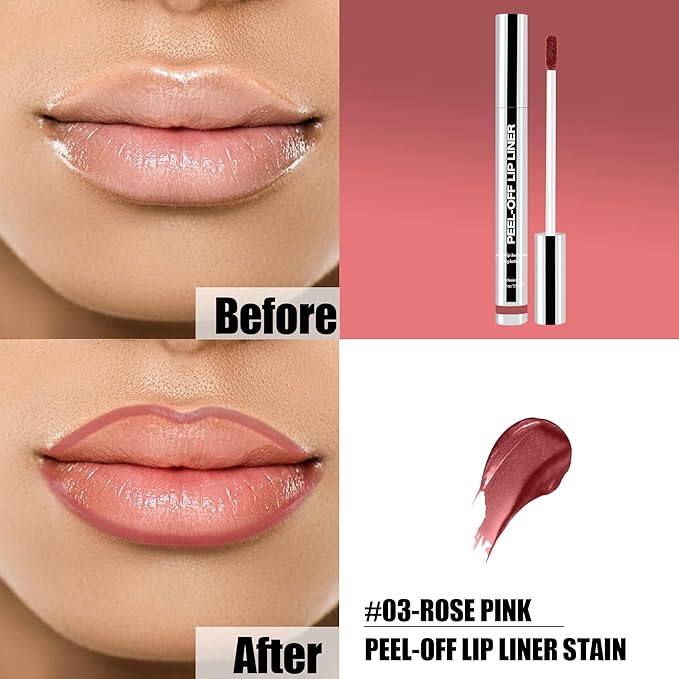 Peel Off Lip Liner Stain, Long Lasting Matte Lip Tattoo Makeup, Smudge-Proof, Highly Pigmented Color, Transfer-Proof, Waterproof, Suitable for All Skin Types, Rose Pink
