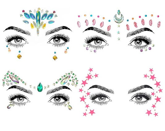 Women Mermaid Face Gems Glitter,Rhinestone Rave Face Jewels Festival,Crystals Face Stickers, Eyes Face Body Temporary Tattoos (4 Pcs No.06)