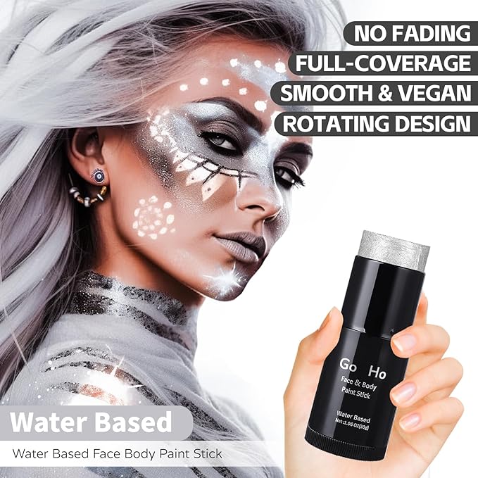 Go Ho Pearl Silver Face Body Paint Stick,Water Based Washable Face Paint Stick,Non-toxic Full-coverage Cream Silver Body Paint for Adults Children Halloween Cosplay SFX Makeup