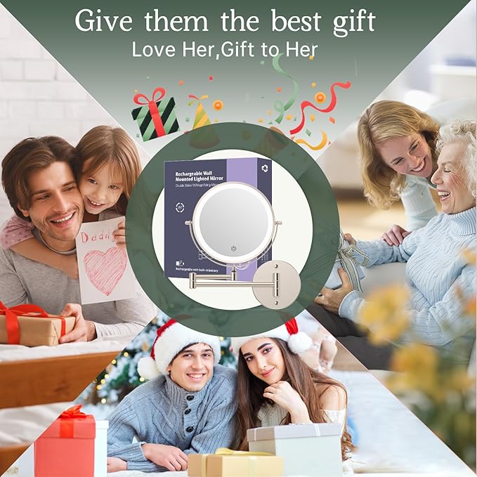 Rechargeable Wall Mounted Makeup Vanity Mirror with Lights,FUNTOUCH 8Inch Double Sided 1X 10X Magnifying Wall Mount Mirror,3 Color Lighting, Touch Screen Dimming,Extension Arm 360 Rotation Wall Mirror