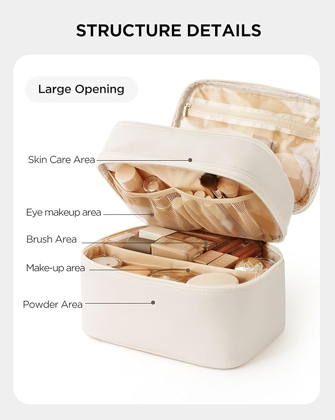 Makeup Bag for Women, X-Large Travel Makeup Bag Organizer, Portable Toiletry Bag, Cute Makeup Bags Waterproof Leather Cosmetic Bag Makeup Case with Removable Dividers, Beige