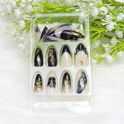 Almond Press on Nails Medium Fake Nails with 3D Leaves Gold Pearl Star Flower Designs French Tip Nails Press ons Black Glue on Nail Glossy Stick on Nail for Women 24 Pcs
