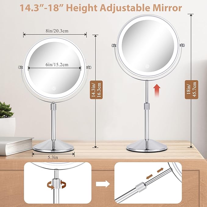8" Lighted Makeup Mirror with Adjustable Height, 1X/10X Magnification, Rechargeable LED Vanity Mirror with 3 Color Modes, 360° Rotating Touch Screen, Magnifying Tabletop Cosmetic Mirror