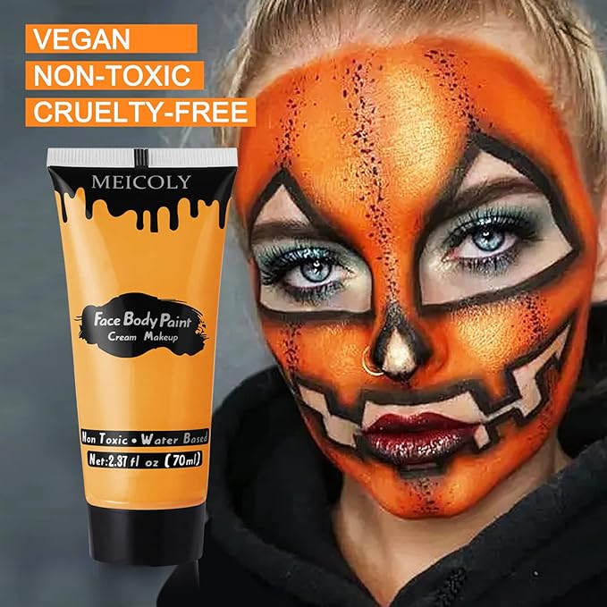 MEICOLY Orange Cream Face Body Paint,2.37Oz Large Tube Water Based Washable Face Paint,Non-Toxic Full Body Paint for Adults and Children, Pumpkin Halloween SFX Special Effects Cosplay Makeup,Orange