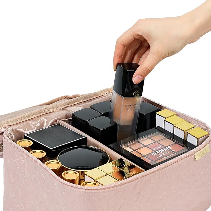 NISHEL Large Double Layer Travel Makeup Bag Women, Cosmetic Case, Organizer for Travel-Size Accessories Bottles, Brushes, Conditioner, and Skin Care Products, Pink