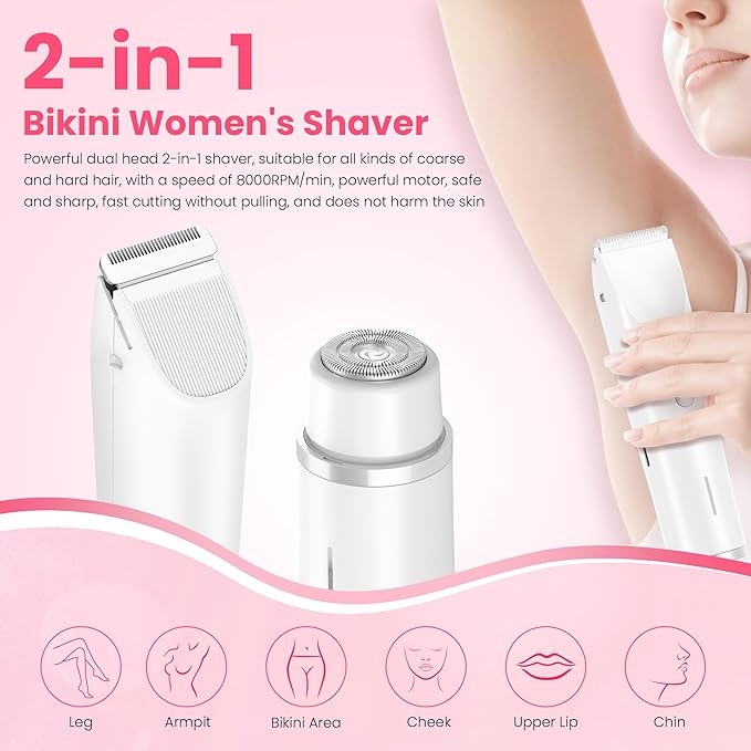 Bikini Trimmer for Women-2 in 1 Dual Head Electric Razors,USB Rechargeable Bikini Electric Shaver,IPX7 Waterproof Dry & Wet Use Body Hair Trimmer and Facial Hair Remover for Underarm Leg Body,White