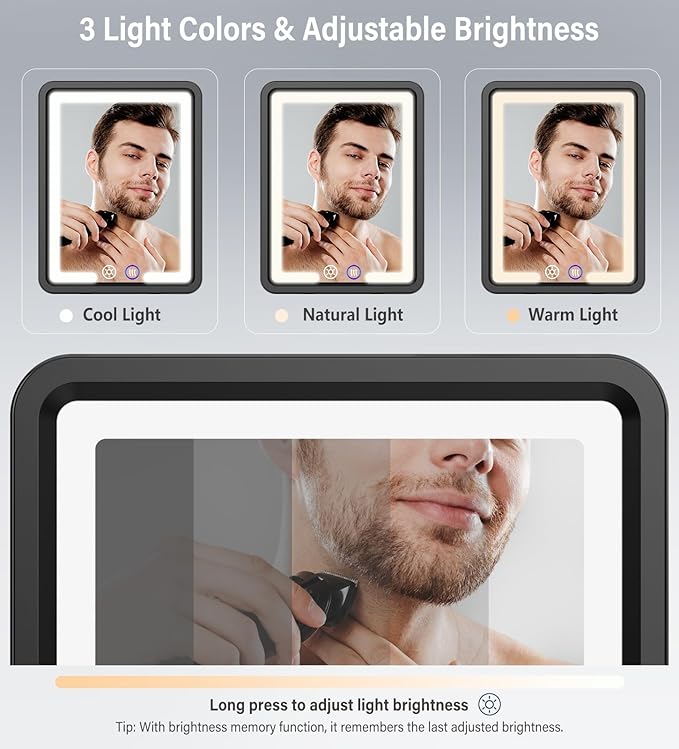 Shinowa Heated Shower Mirror Fogless for Shaving, 360° Adjustable Lighted Shower Mirror with 3 Color Modes, Rechargeable Anti Fog Shower Shaving Mirror with Large Storage Tray & Razor Holder, Black