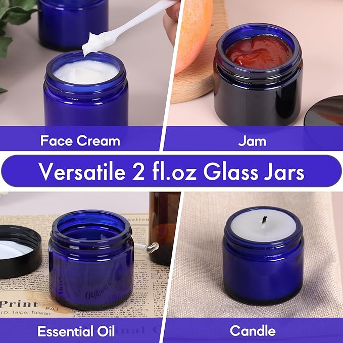2 oz Blue Glass Jars with Lids 24Pack, Small Jars with Lids 2 oz with Inner Liners for Sample, Powder, Cream, Lotion and Ointments with Stickers & Spatulas Included