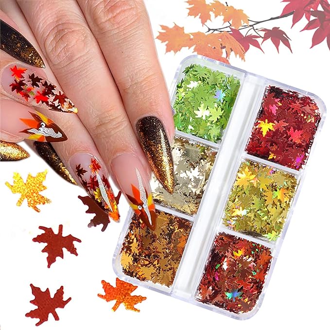 Maple Leaf Nail Art Glitter Sequins 3D Fall & Autumn Maple Leaves Holographic Confetti 6 Colors Laser Leaf Glitter Flakes for Women's Thanksgiving Nails