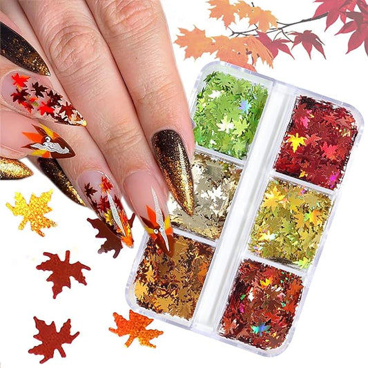 Maple Leaf Nail Art Glitter Sequins 3D Fall & Autumn Maple Leaves Holographic Confetti 6 Colors Laser Leaf Glitter Flakes for Women's Thanksgiving Nails