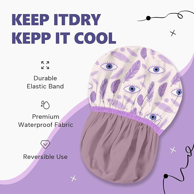 Years Calm Evil Eye Shower Caps for Women Reusable Waterproof, Pattern and Solid Color Dual-Layer Design, Hair Cap for Shower with Elastic Band, Fits Braids, Dreadlocks & Long Hair (Purple)