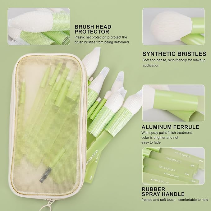 Green Makeup Brushes 18PCS – Complete Make Up Brush Set with Soft Fiber Bristles, Painted Aluminum Ferrules, Non-Slip Rubber Handles, Storage Mesh Pouch & 2 Blender Sponges