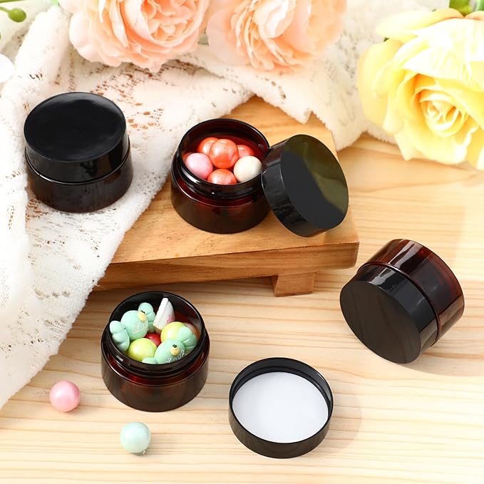 SATINIOR 100 Pcs Plastic Jars with Lids Small Containers Lids Wide Mouth Small Plastic Containers for Lotion Cream Rhinestones Body Butters Travel Storage(1 oz,Amber)