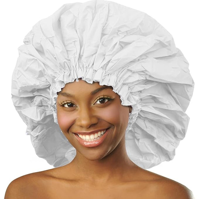 DONNA Super Jumbo Shower Cap – Comfortable Elastic Band, 100% Waterproof Hair Cap for Long Hair, Braids & Thick Styles, Reusable Big Shower Cap for Women, Keeps Hair Dry & Protected, WHITE