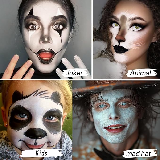 Goth White Cream to Powder Foundation Makeup, Clown White Face Body Paint Concealer for Kids & Adults, Long Lasting Greasepaint for Halloween Makeup Cosplay Joker Vampire Ghost SFX Theater Film Stage