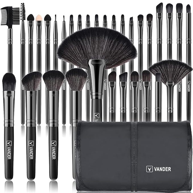 Vander Makeup Brushes, 32Pcs Professional Premium Synthetic Makeup Brush Set with Case, Eyeshadow Foundation Blending Face Contour Cosmetic Brush Travel Make up Brushes Set for Women, Girl (Black)