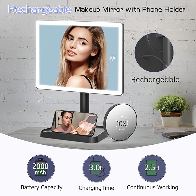 FUNTOUCH Rechargeable Makeup Vanity Mirror with Lights, Large Lighted Desk Makeup Mirror with 96 LED Lights and 10x Magnifying, 3 Color Lighting, Make up Light Mirror with Phone Holder