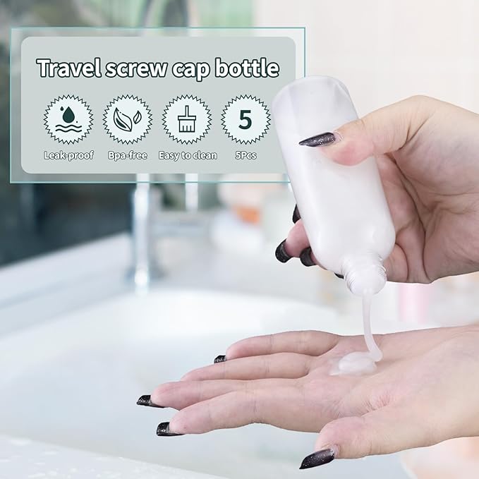 Tekson Plastic Travel Size Bottles 3.4 oz, Mouthwash Bottle, Refillable Containers for Cosmetic with Gold Screw Cap for Travel Essentials (100ml, Clear)