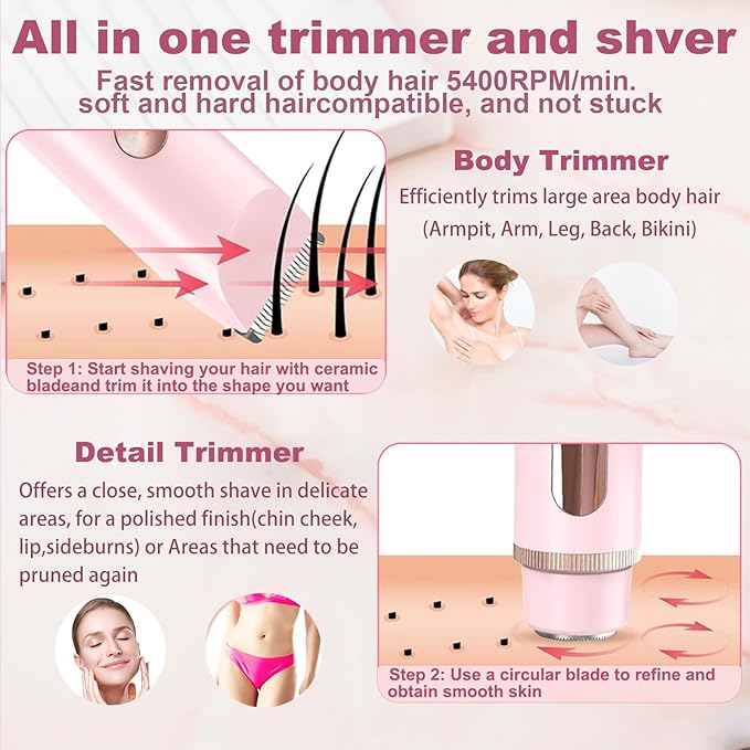 2 in 1 Bikini Trimmer for Women, Dual Head Electric Shaver with LED Display, IPX7 Waterproof Body Pubic Hair Trimmer Rechargeable Womens Electric Razor for Armpit Leg Body Facial Wet & Dry Use