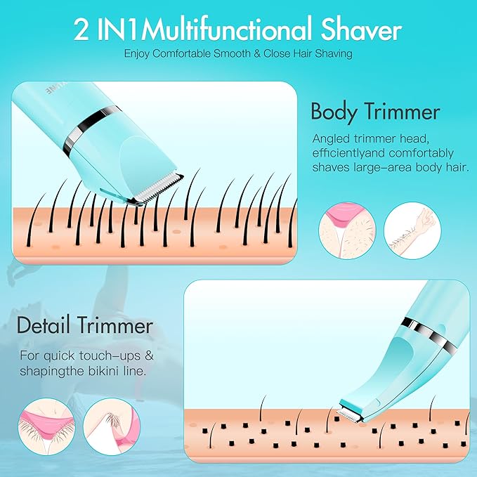 Bikini Trimmer for Women, 2 in 1 Electric Women Pubic Hair Trimmer, Portable Ladies Shaver with 2 Trimmer Heads Waterproof Wet and Dry Use Includes 2 Oz Skin Smoothing Shaving Gel