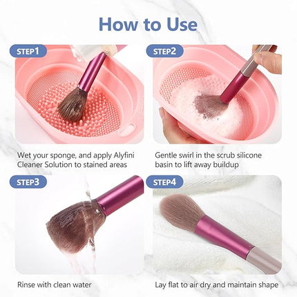 Alyfini Makeup Brush Cleaner Solution + Scrub Basin Combo, Removes Tough Stain on Make Up Brushes Set/Sponge/Puffs, Deep Clean Inner Bristles from Waterproof Foundation/Concealer, 10.2 Fl Oz/300 ml