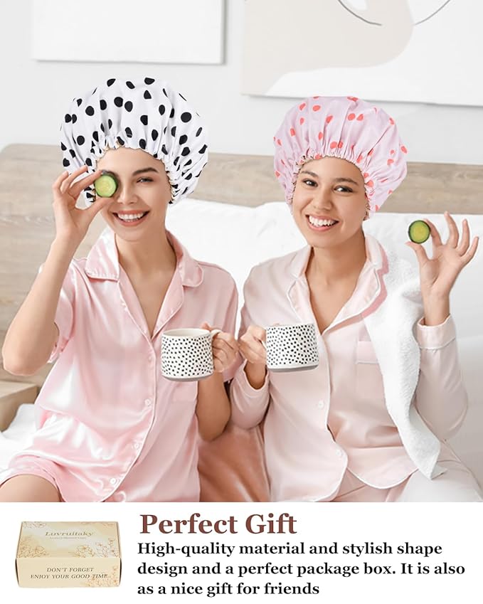 Shower Cap Large Shower Caps for Women Reusable Waterproof with Adjustable Band Double Layer Design Large Luxury Washable Bath Hair Bonnet (Black Dot)
