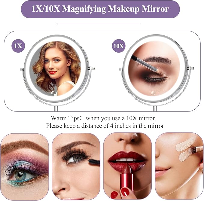 8" Makeup Mirror with Lights, 1X/10X Lighted Vanity Mirror with Magnification, 3 Color Adjustable Brightness, 360° Rotating Dual-Side, USB Rechargeable Cordless Design for Vanity & Tabletop