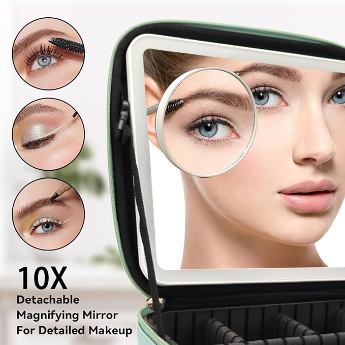 Travel Makeup Bag with LED Mirror and 10x magnifying glass with 3 Lighted Settings, Adjustable Dividers and Makeup Brush Storage Bag Light Green