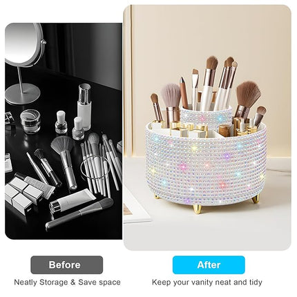 Diesisa Bling Diamond 360° Makeup Brush Holder Organizer, Rotating Makeup Brush Organizer,5 Slot Make up Brushes Cup for Cosmetics, Vanity Desktop Organizer, Gift for Women Teen Girls- Diamond White