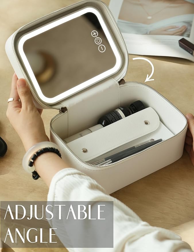 Popvibe Makeup Vanity Bag with Lighted Mirror, Compact Leather Travel Make Up Case with Brush Storage and Handle, White Small Train Case Luxury Cosmetic Case Lighted Up Toiletry Bag for Women, White