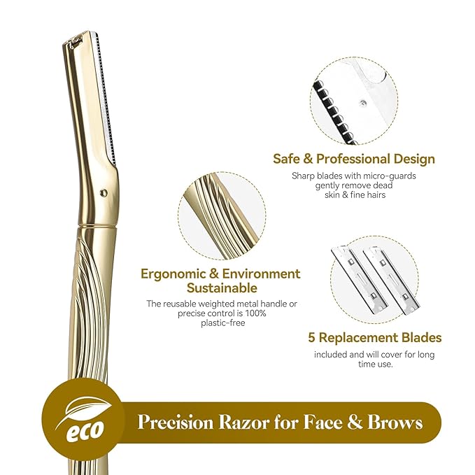 Eyebrow Razor, Face Razors for Women and Men, Reusable Metal Handle with 6 Refill Blades, Eyebrow Trimmer with Precision Cover, Dermaplane Razor, Skin Care Tool - Gold