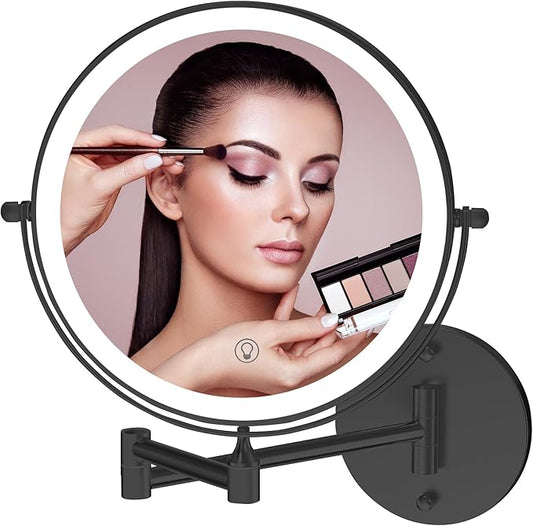 Fab Glass and Mirror Rechargeable Lighted Makeup Mirror 8 Inch, 1x/10x Magnification 3 Color Lights Touch Screen Dimmable 360° Rotation, Wall Mounted Magnifying Mirror Wall Mounted Mirrors (Black)