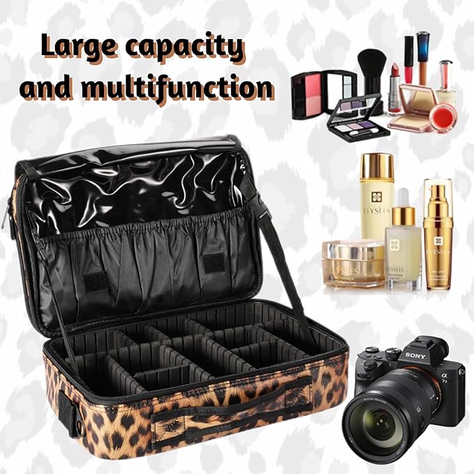 Makeup Case Large Travel Makeup Bag 3 Layers Cosmetic Train Case Cosmetic Organizer Brush Holder Waterproof Makeup Storage Bag with Adjustable Dividers and Shoulder Strap (Leopard)