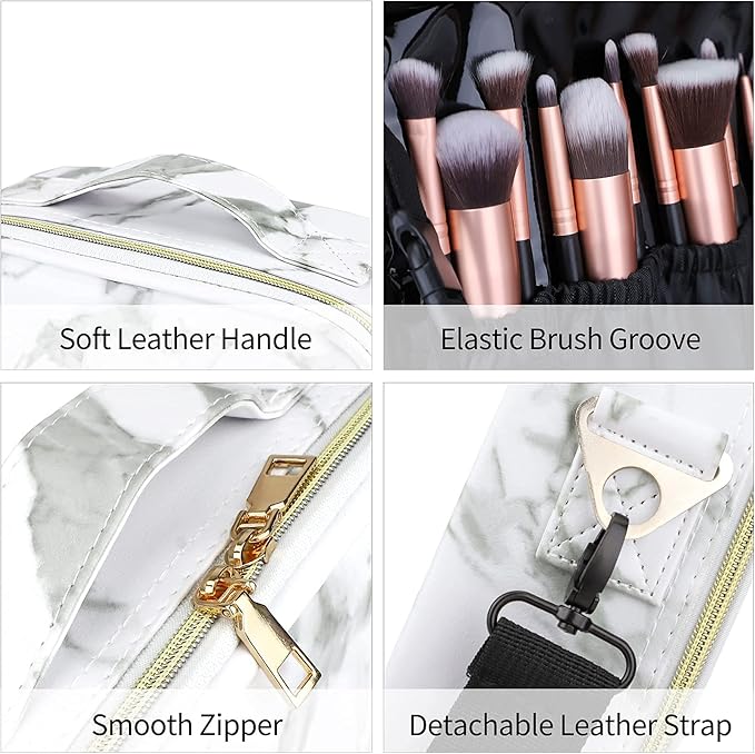 Travel Makeup Bag 10.4 Inches Portable Makeup Train Case Cosmetic Bag Organizer with Adjustable Dividers and Shoulder Strap for Cosmetics Brushes Toiletry Jewelry Digital Accessories (Marble)