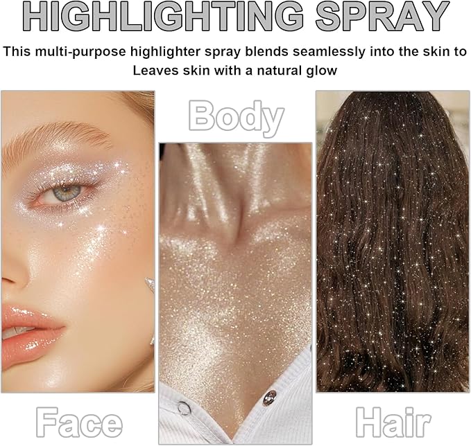 Hair and Body Glitter Spray, Shimmering Powder Sparkle Powder Makeup, Glitter Loose Sparkle Makeup for Body Highlighter,Festival Prom Rave Accessories (Pearl White)