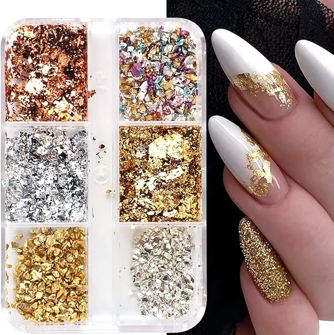 6 Colors Metallic Nail Art Foil Holographic Dazzling Irregular Nail Sequins Gold Silver Design Nail Glitter Shiny Nail Accessories for Face Eye Nail Art Supplies for Women Party DIY Nail Decoration